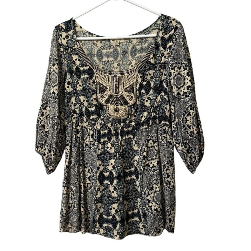One World Live & Let Live Blouse Size Large Embroidered 3/4â Sleeve Lightweight